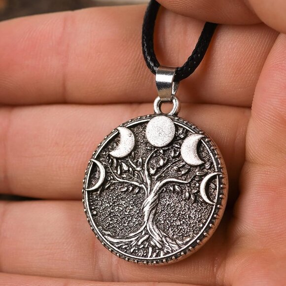 Tree of Life Necklace, Vintage Antique Tree of Life Moon Pendant, Faux Leather C - Picture 4 of 6